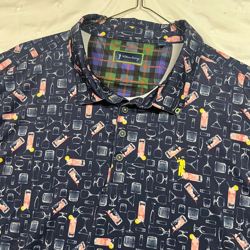 William Murray Golf Mens XXL Navy Cocktail Glass Print Performance Polo Shirt